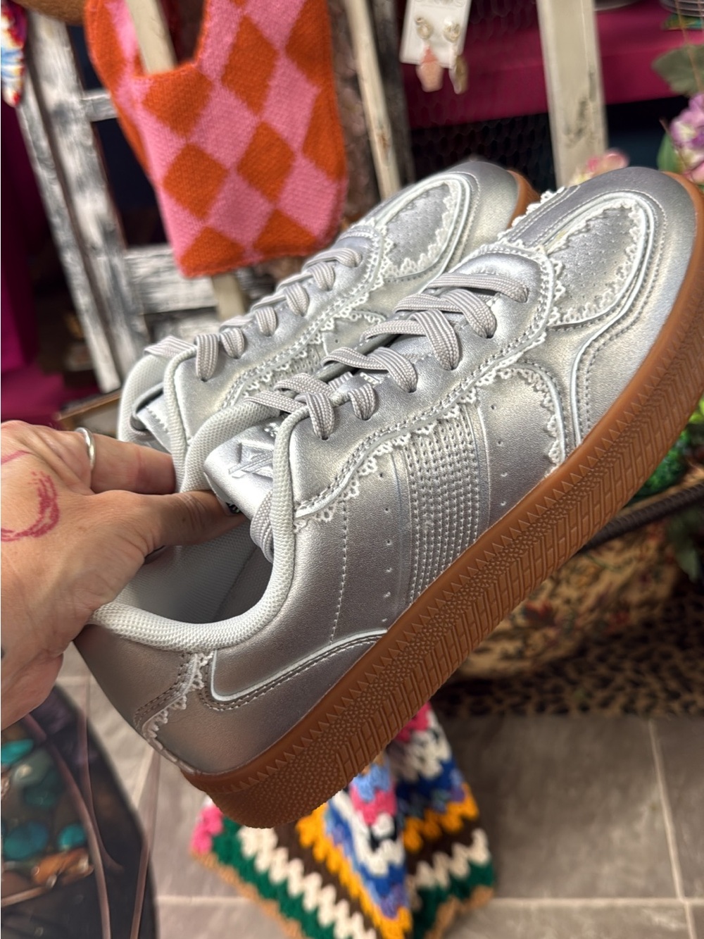 Silver Metallic Lace-Trim Women's Sneakers with Gum Sole